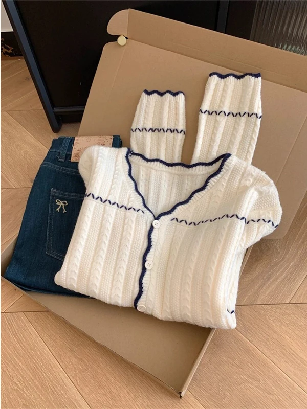 

Soft Knitted Color Block Wood Grain Women's Open Cardigan Spring Autumn Casual Style Beautiful Gentle Wind Sweater Jacket