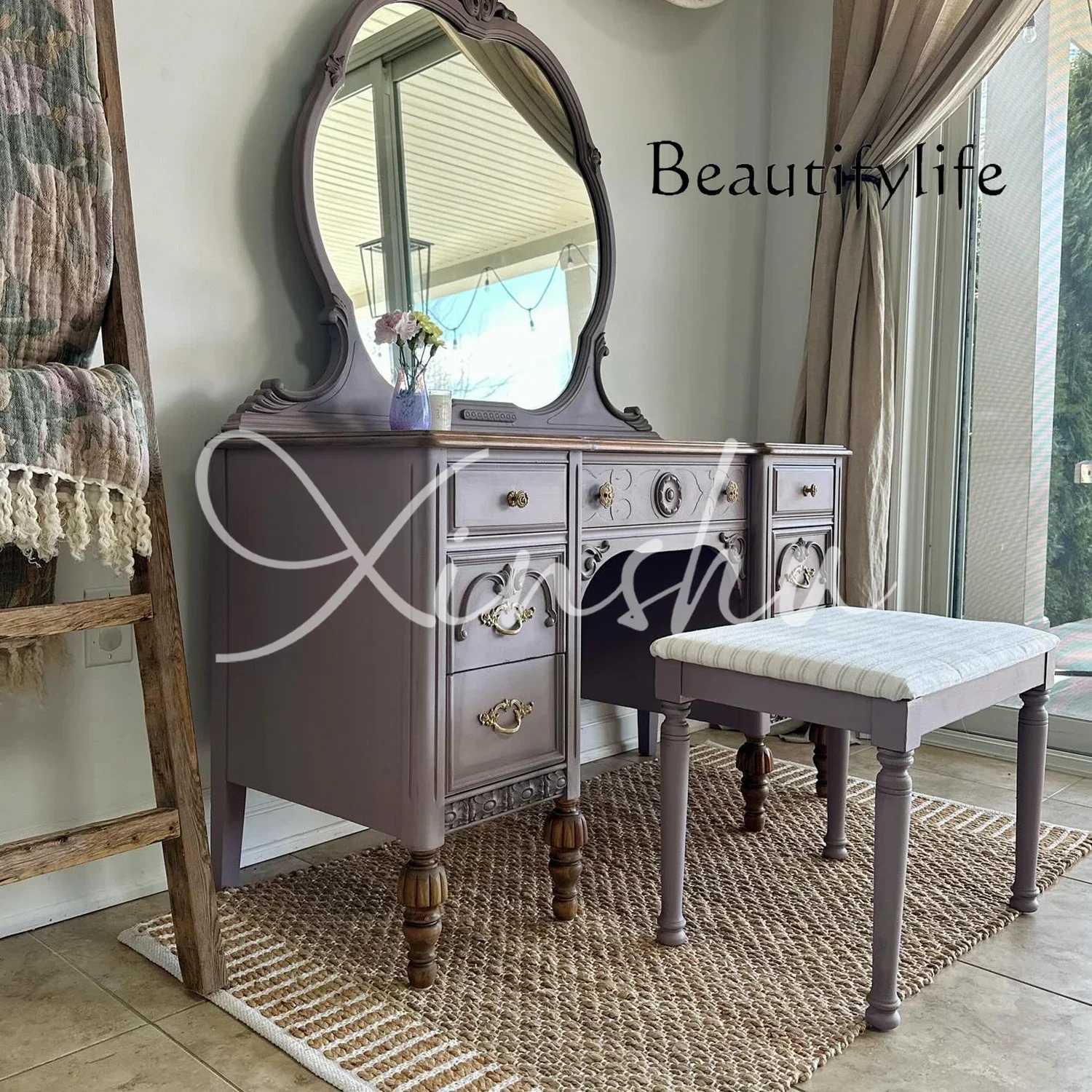 

XR ZL French Retro Solid Wood Dresser Home Bedroom Carved Makeup Table American High-end Multi-functional Table