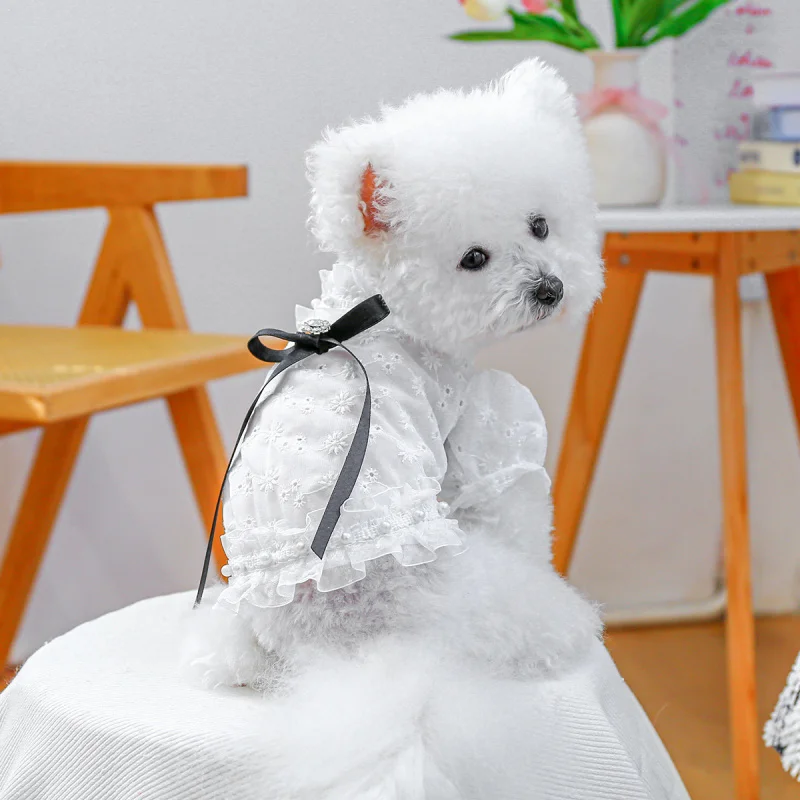 

Pet Dog Cat Shirt French Lace Hollow Out Blouse for Small Breeds, Pet Circle Elegant Puppy Fashion Outfit Top