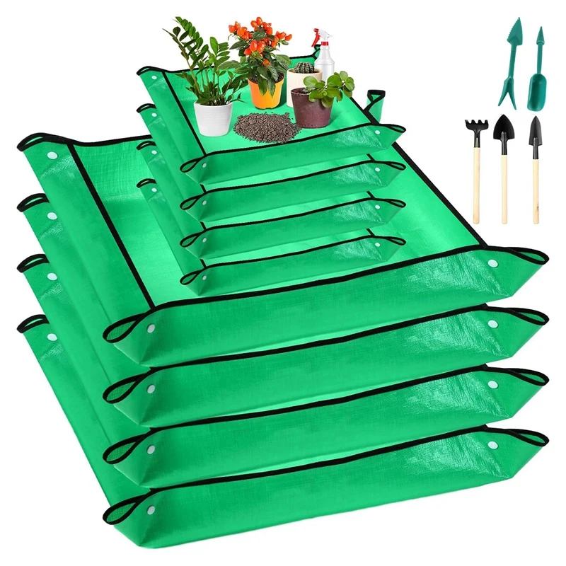 

8 PCS Plant Repotting Mat With 5 Pack Tools Green PE For Indoor Plant Waterproof Plants Potting Mat Foldable Potting Tray Mat