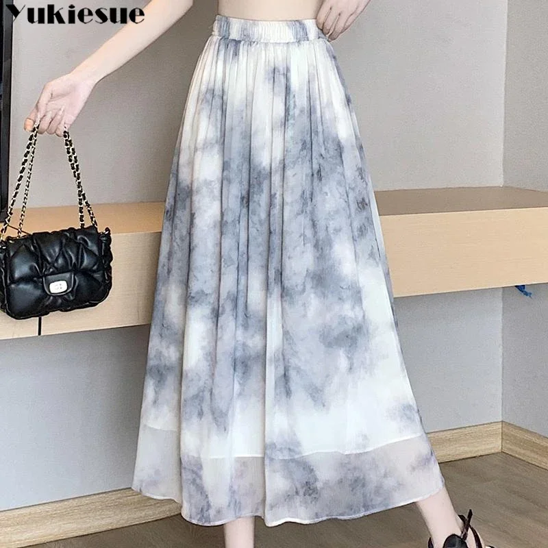 

Aesthetic Tie Dye Print Long Skirt Women 2023 Spring Summer Korean Elegant A Line High Waist Elastic Pleated Midi Skirt Female