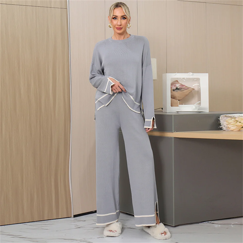 Women Suits O-Neck Long Sleeved Top Sweater Pullover Wide Leg Pants Set Elegant Autumn Casual Basic Side Stripe Knit Outfit Chic