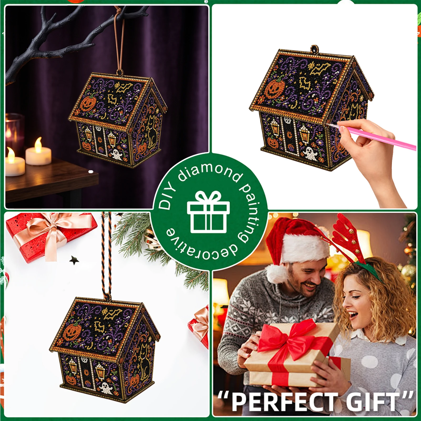 Halloween Diamond Painting Wooden House Kit DIY Hanging Decor Solid Wood Base Multi-color Diamonds