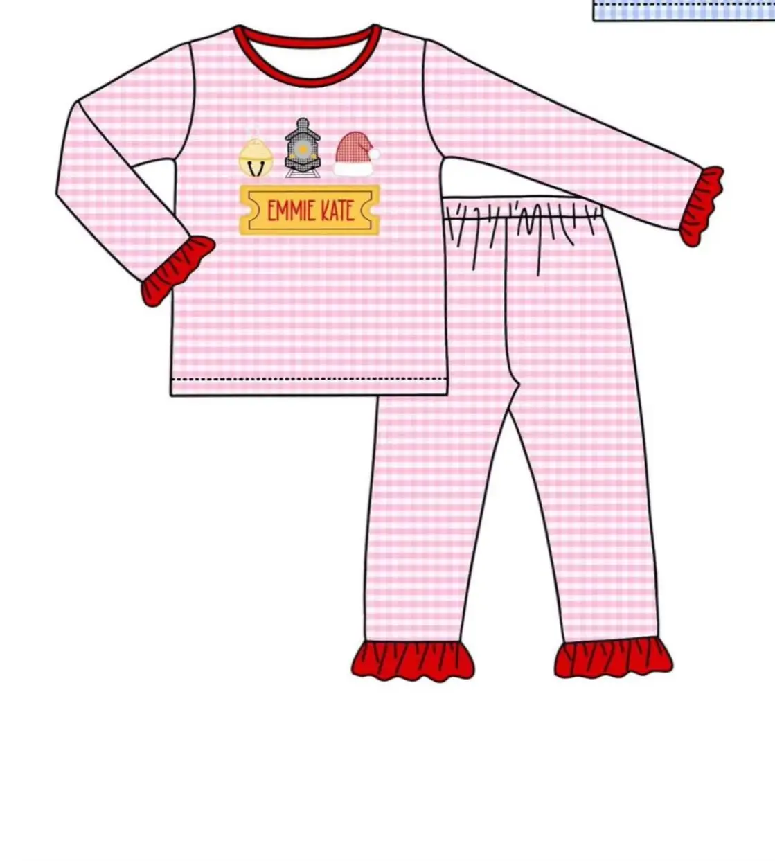 New Boys Girls Polar Xmas Outfit Polar Train Santa Bell Print Gingham Kids Christmas Long Sleeve Pajama 2Pcs Set
