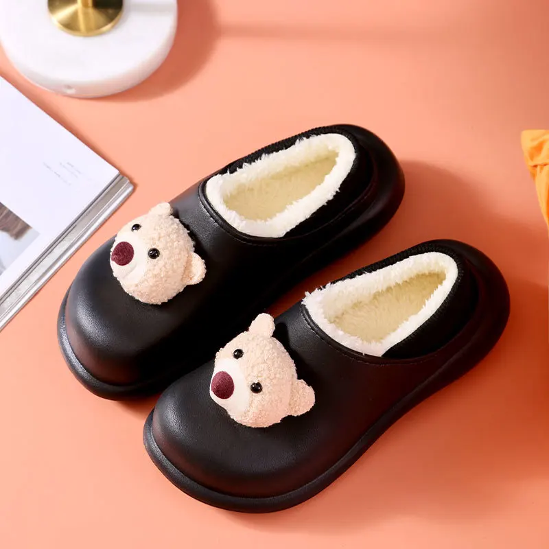 Women Winter Slippers Waterproof Slides Thick Platform Non-Slip Comfortable Home Cotton Shoes Couple Cartoon Bear Casual Shoes