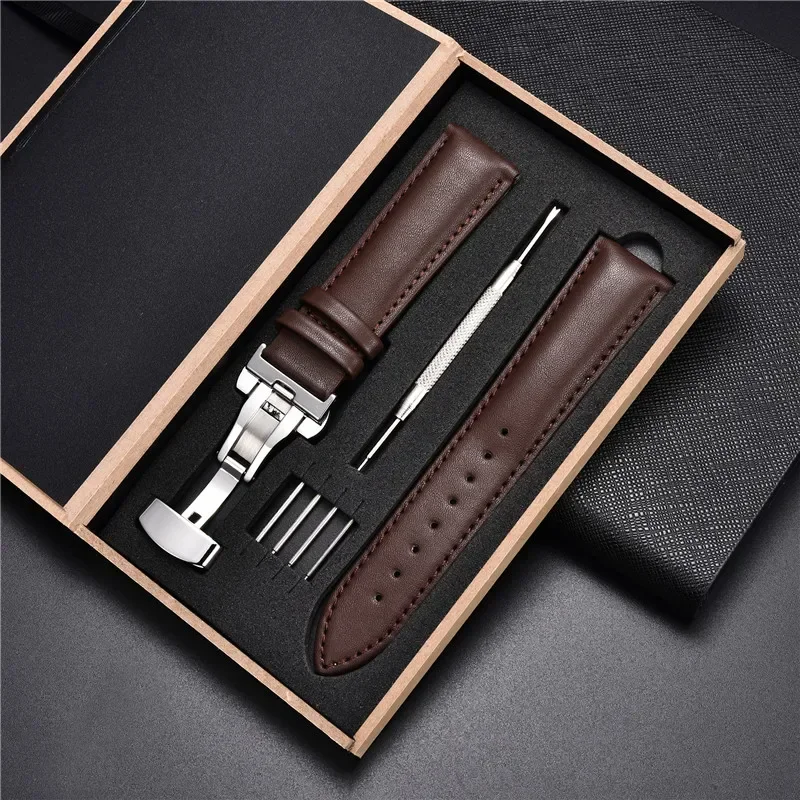 Genuine Leather Watchband 18mm 20 22 24mm Watch Strap Automatic Butterfly Buckle Men's and Women's Business with Box Wrist Belt