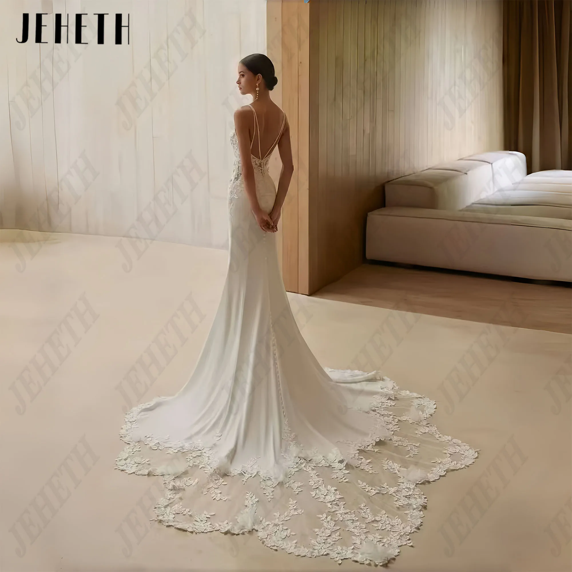 JEHETH فاخر حورية البحر الدانتيل الساتان فستان زفاف مثير للنساء بلا أكمام ذيل محكمة فستان عروس رداء دي ماري 2025 مخصص JEHETH فاخرة حورة البحر الدانتيل الساتن مثير فستان العروس للمرأة بلا أكمام محكمة قطار فستان العروس ر
