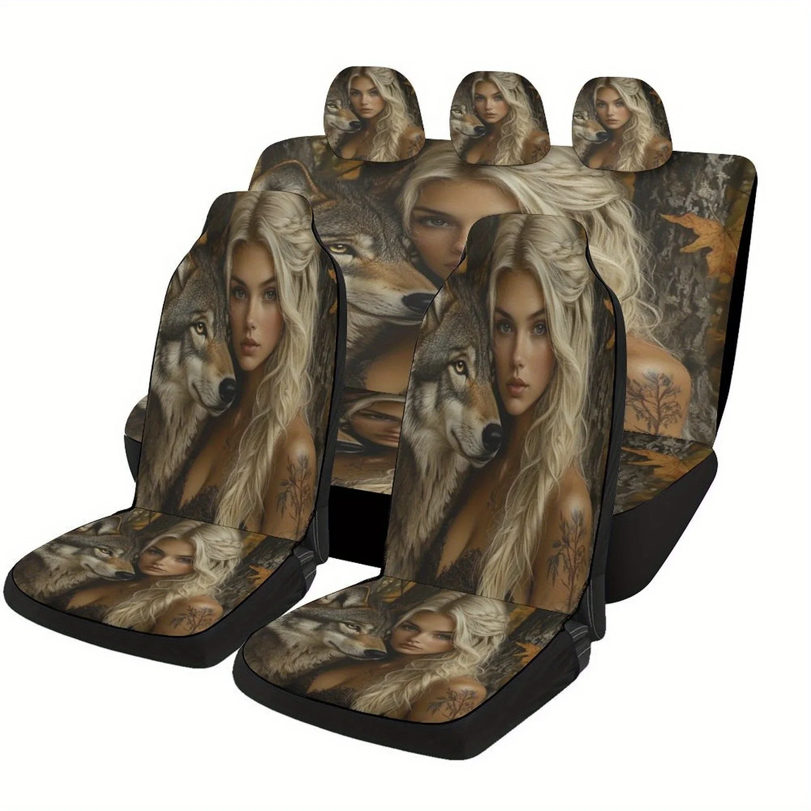 Wolf And Forest Spirit Designed Car Seat Cover Set For Most Cars, Trendy Novelty High-quality Car Seat Protector Covers Full Set