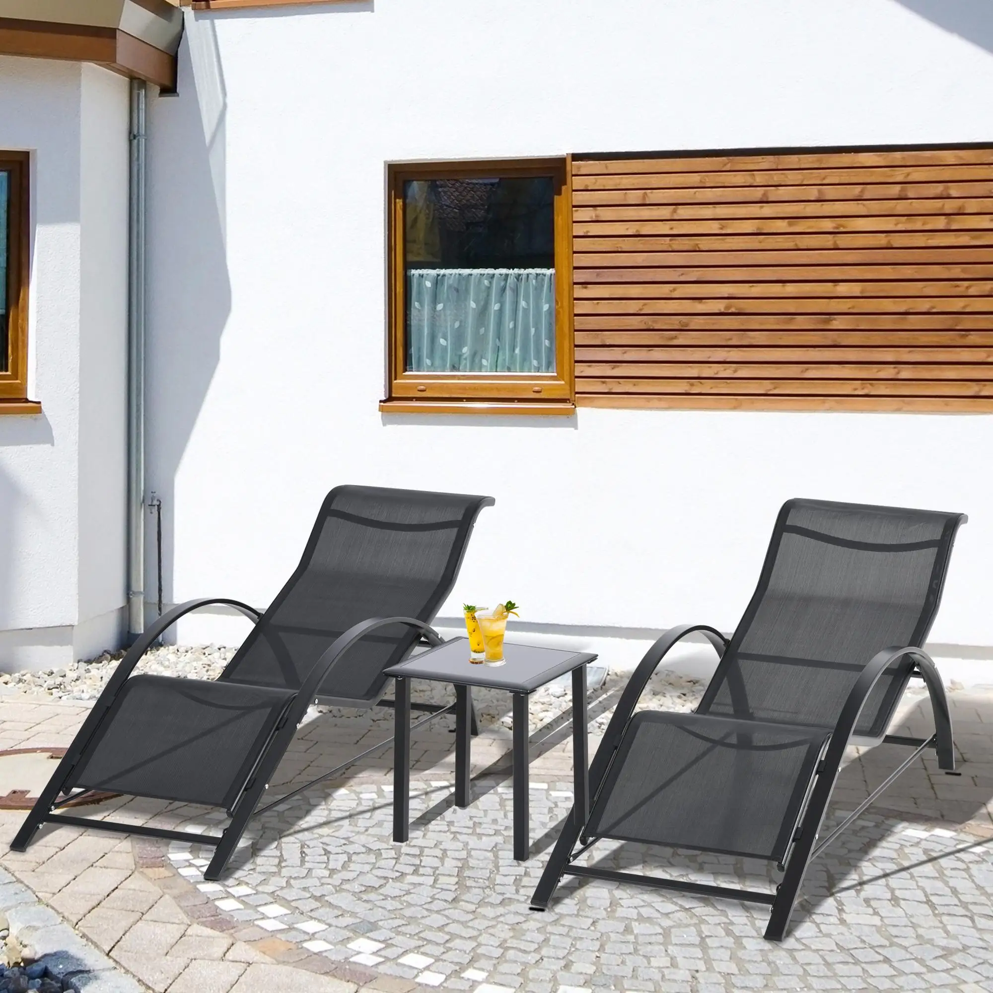 Ensemble de salon de jardin 3 pièces en tissu textile noir avec structure métallique et table d'appoint en verre 41 cm pour terrasse et piscine