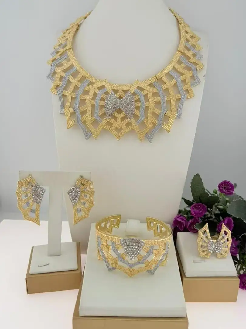 

The Latest Popular Two Tone Net Italian Jewelry Set Charming Collar Brazalete Aretes Anillo 4PC Jewels Set for New Year Gift