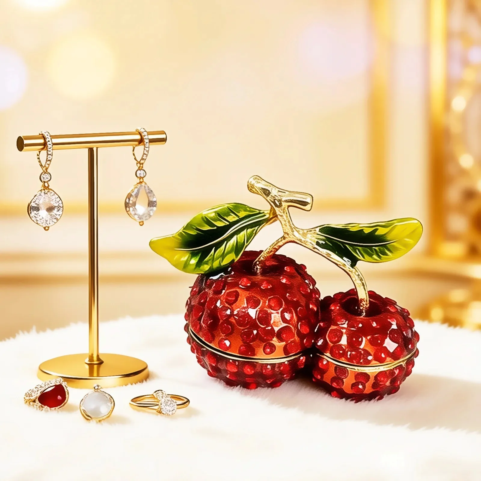 Caja de Joyería Esmaltada en Color Cereza con Detalles de Diamantes - Una caja de almacenamiento de joyas de aleación y cristal, perfecta para el Día de San Valentín, decoración del hogar.
