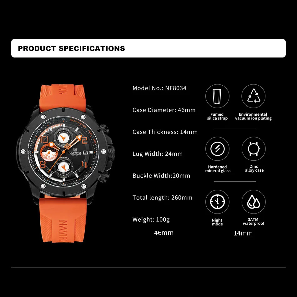 NAVIFORCE Men\'s Quartz Watch Luxury Sports Waterproof Chronograph Male Wristwatches Business Luminous Date Silicone Strap Clock