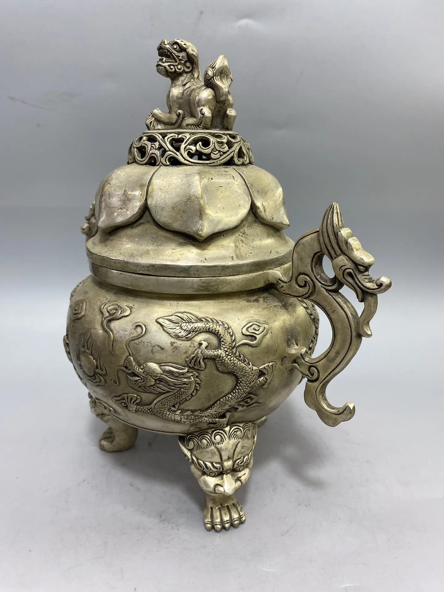 Old Bronze Gilded Silver Dragon and Phoenix Pattern Lion statue cover Dragon Ear Three Legged Incense Burner Town house