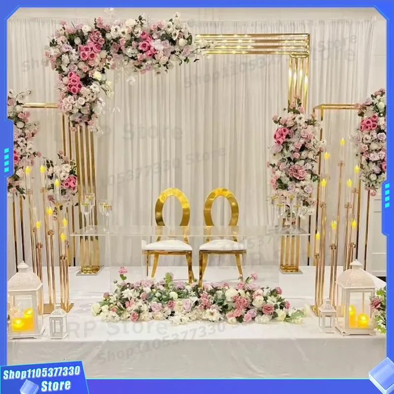 Gold Metal Flower Arch Frame Square Wedding Background Decoration Stand for Ceremony Party Event Photo Booth Props Display