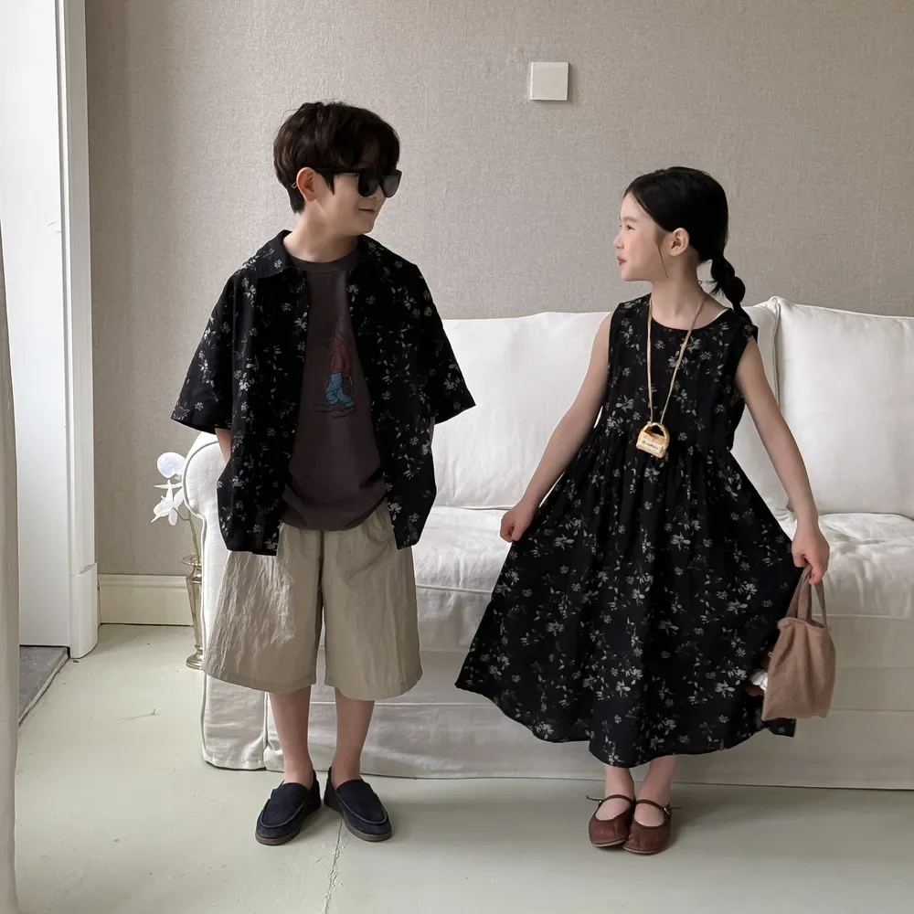 Set 2026 Summer New Childrens Wear Korean Style Boys And Girls Printed Sundress Loose Shirt Five Quarter Pants Two-piece Set