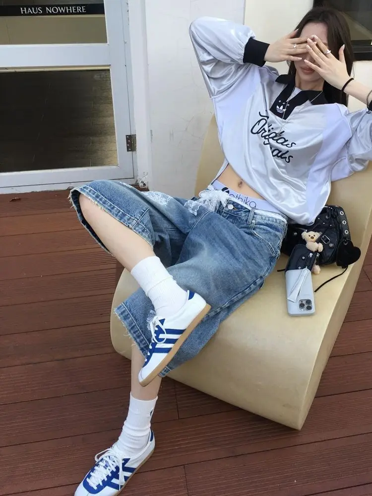 American Lace Printed Design Cropped Jeans for Women Summer High Waist, Loose and Versatile Wide-leg Shorts