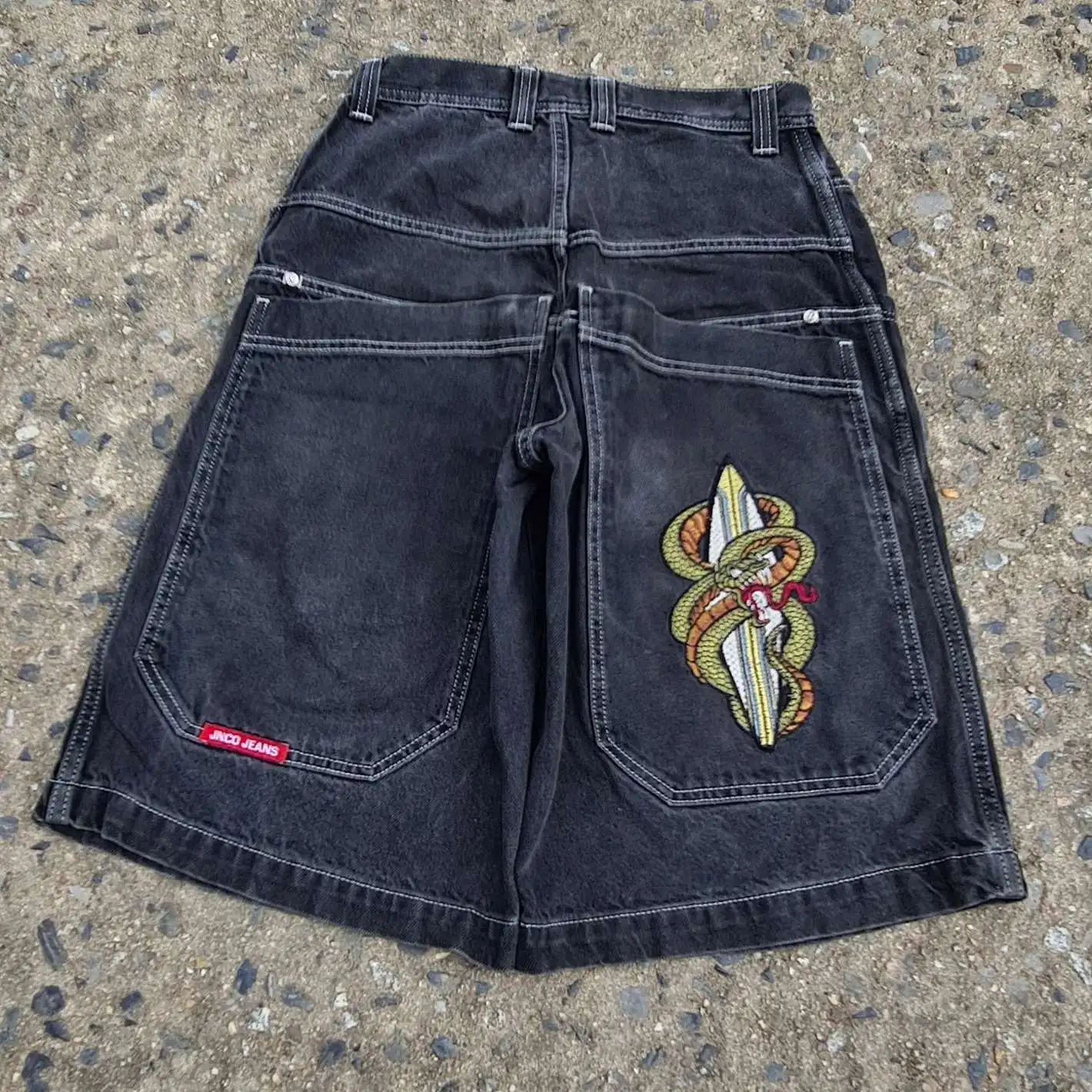 Vintage JNCO celana pendek denim longgar pria y2k celana olahraga motif gigitan ular hip hop harajuku streetwear Pria Wanita celana basket