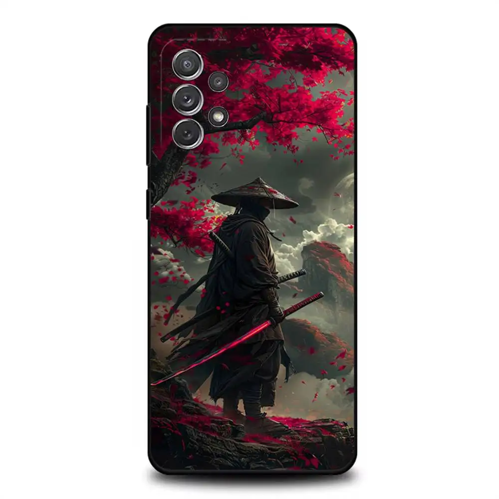 日本の武士道サムライ電話ケースサムスン S 25、24、23、22、30、21、10、9、ウルトラ、プラス、ライト、FE、4、5G ブラックソフトケース