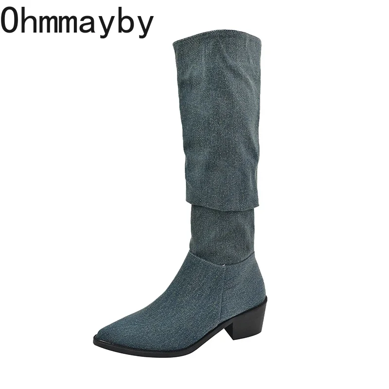 Pointed Toe Women Denim Western Cowgirl Boots Fashion Slip On Long Boots Square Heels Autumn Winter Ladies Shoes