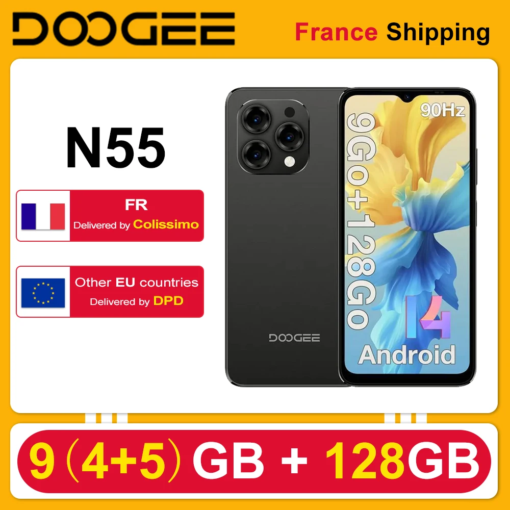 هاتف DOOGEE N55 Android 14 الذكي بشاشة 6.56 بوصة HD + 5150 مللي أمبير في الساعة وكاميرا 13 ميجابكسل وذاكرة وصول عشوائي 9 جيجابايت (4+5) وذاكرة وصول عشوائي 128 جيجابايت وفتح الوجه 4G للهاتف المحمول