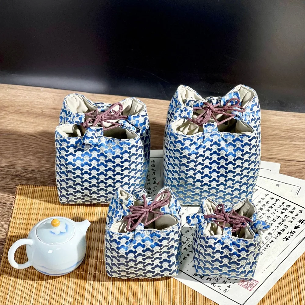 

Chinese Style Tea Set Organizer Bag Embroidered Tea Ceremony Accessories Teacup Drawstring Cloth Pouch Breakage-proof