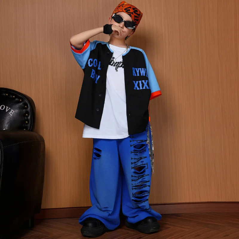 Modern Jazz Dance Costume Loose Group Hip Hop Dance Performance Stage Wear Blue Black color-blocked Top Blue Cargo Pants