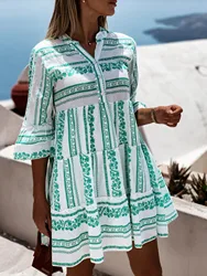 Women Dress Spring Summer Stripe Print Ruffle Casual V-neck High Waist Dresses 2025 Fashion Ladies Loose Boho Style Robe Femme