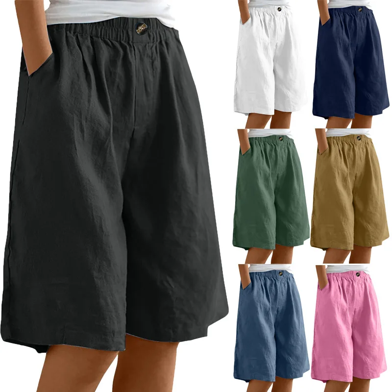 Summer Shorts for Women Knee Length High Waisted Baggy Shorts with Pockets Elastic Waist Cotton Linen Beach Vacation Shorts
