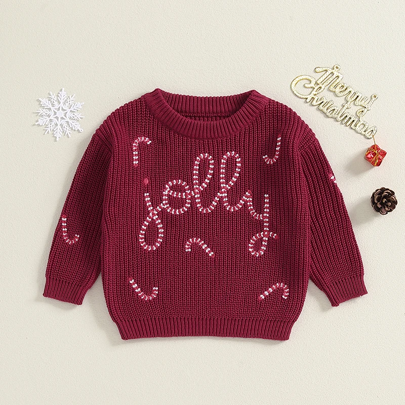Newborn Baby Girls Boys Christmas Sweater Letter Cane Embroidery Warm Knit Long Sleeve Pullover Tops Toddler Infant Knitwear image 6