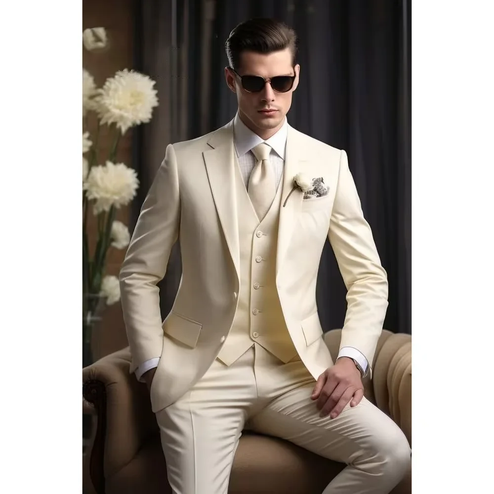 

Ivory Notch Lapel Men Suits 3 Piece Summer Fashion Single Breasted Smart Casual Suit Slim Formal Groom Wedding Tuxedo 2025