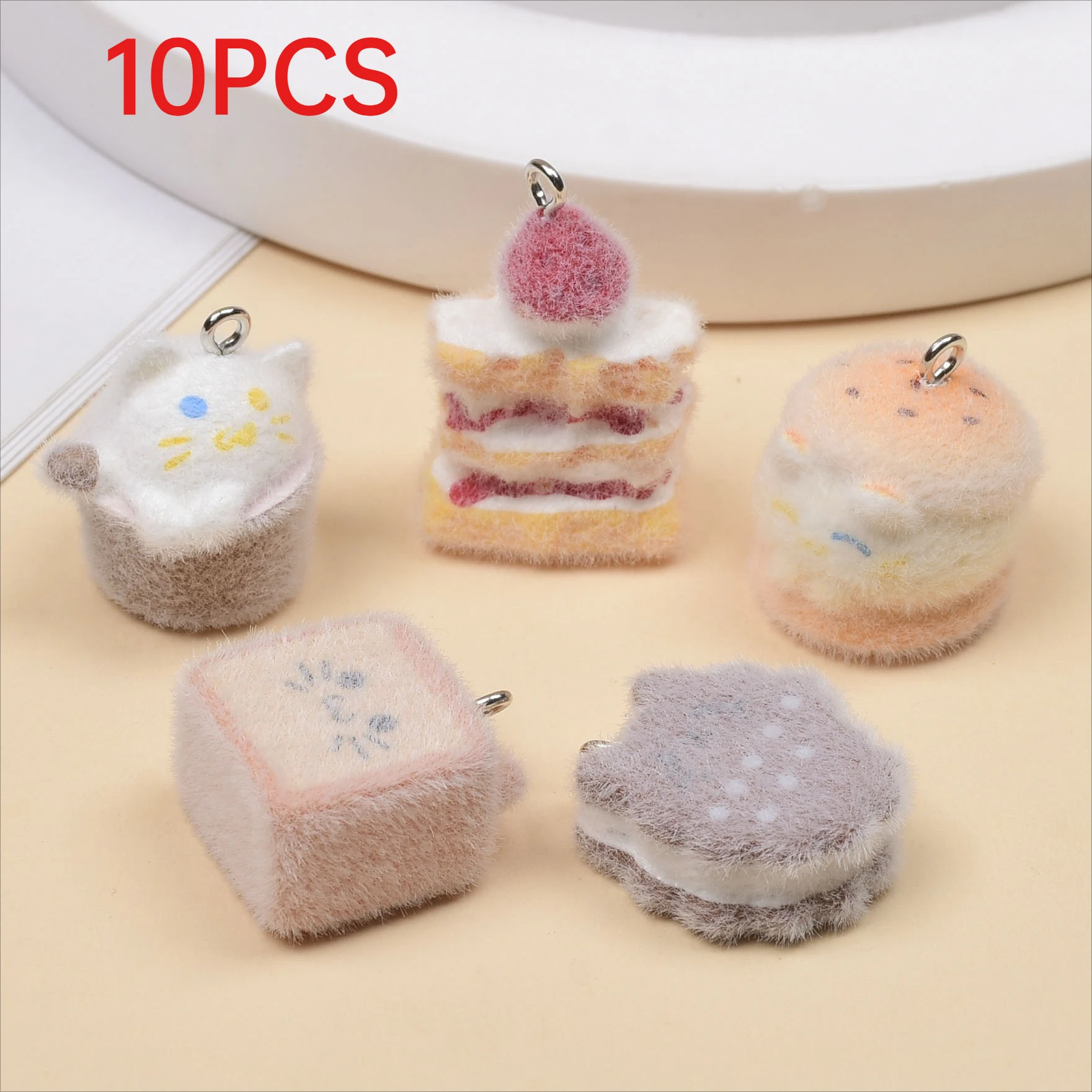 

10Pcs Flocked Cartoon Dessert Cake Resin Charms Pendants For DIY Keychain Phone Strap Bag Accessories