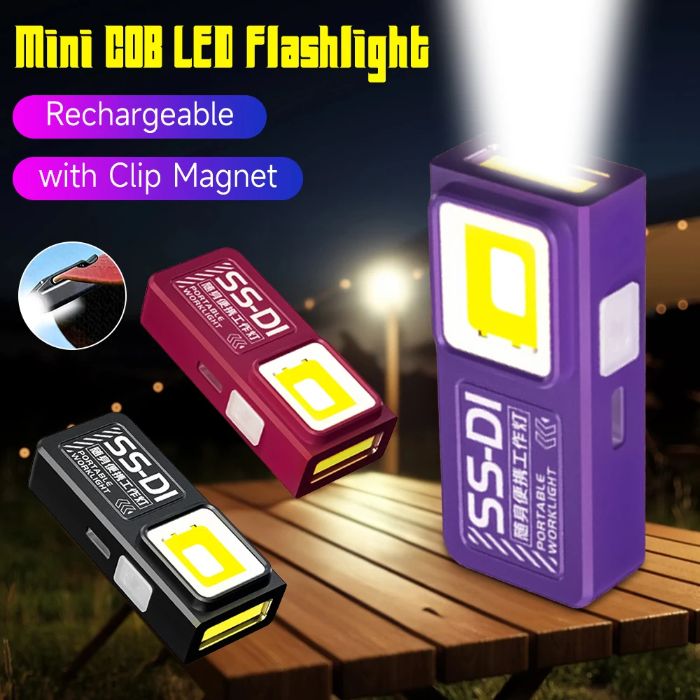LED COB Flashlight Type C Rechargeable Portable Mini Torch Pocket Lantern Flood Work Light with Clip Magnet For Emergency