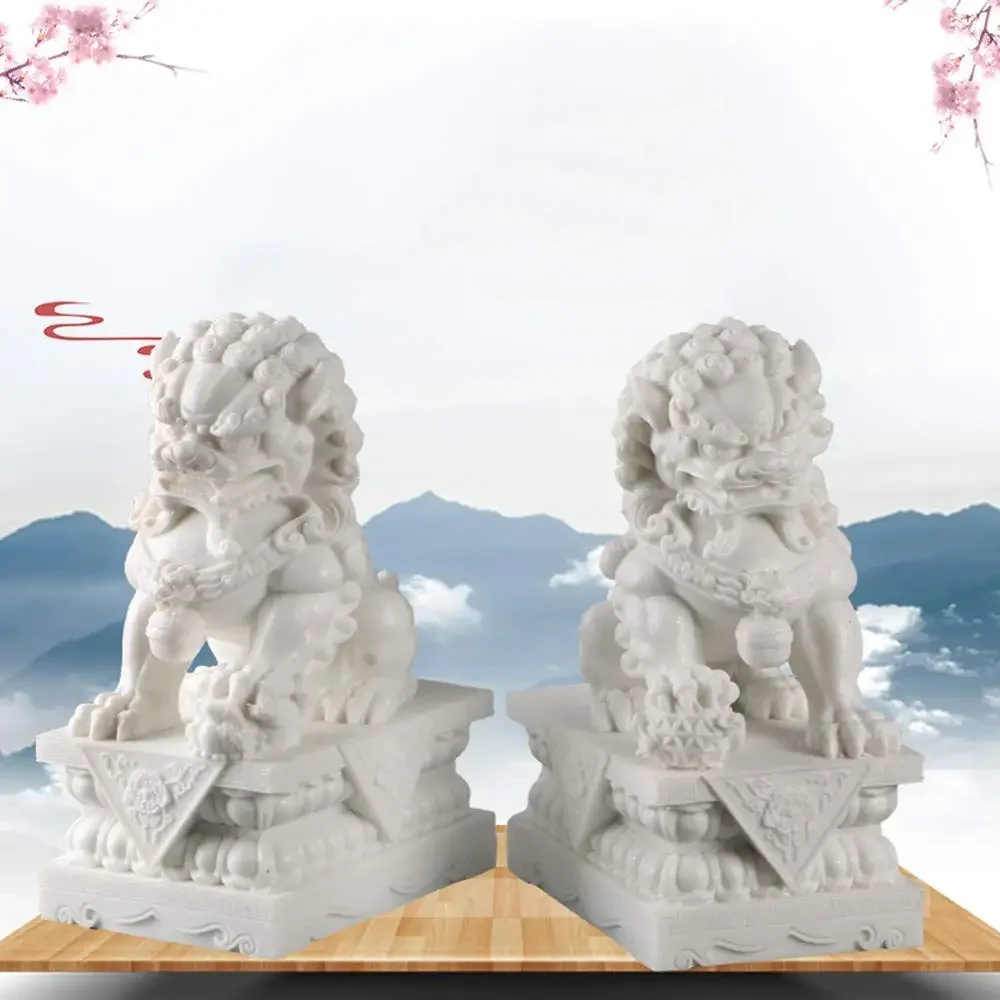 1 SET Exquisite Carving White Marble Dogs Guardian Lions Statues Home Decor Decorative Objects