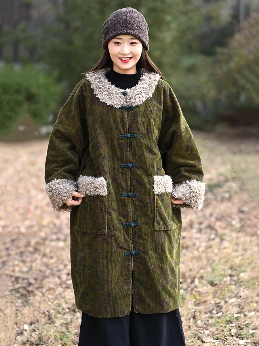 

Warm Cotton Jaet Original Design Ethnic Sle Loose Fit Medium Length Overfilled Large Size Cotton Coat for Women