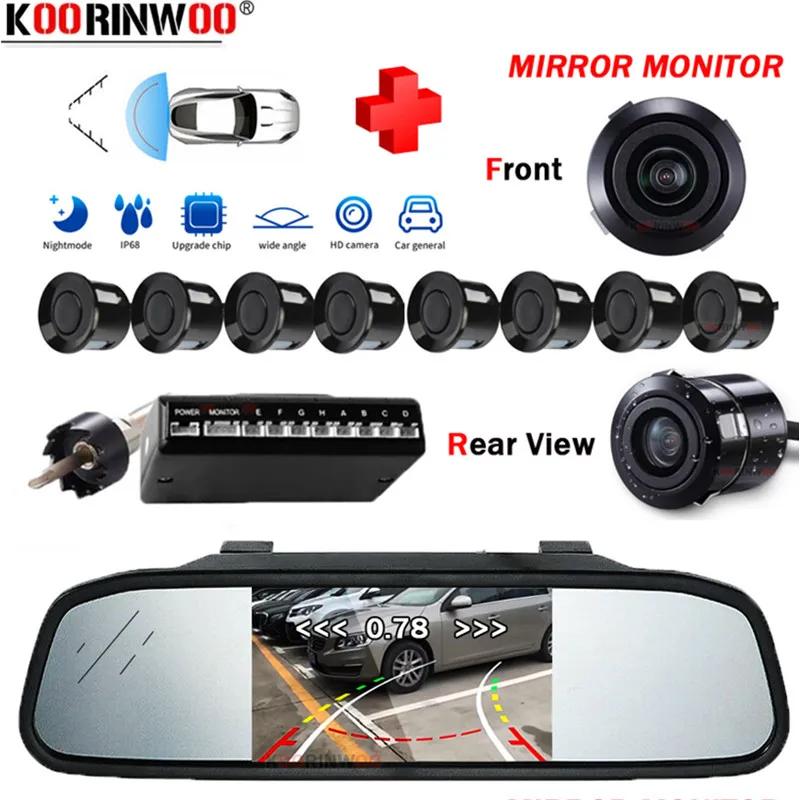 

Умная парковочная система Koorinwoo, автомобильные датчики, 8 парктроников, датчик парковки, камера заднего вида, передняя камера ночного видения для ЖК-монитора
