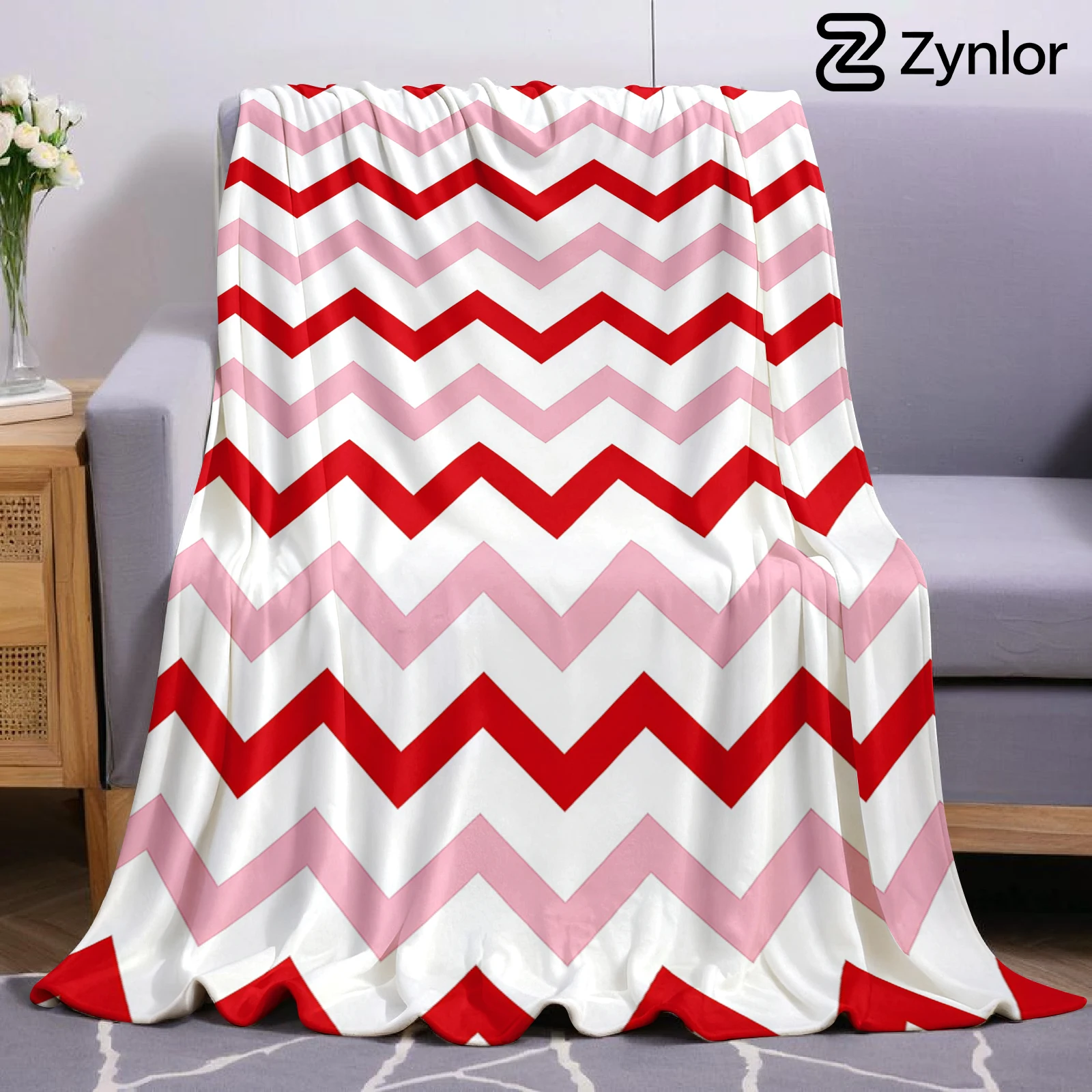 Red, White & Blush Chevron Lightweight Microfiber Soft Christmas Fleece Blanket Warm Cozy Throw for Bed Office Travel All Season