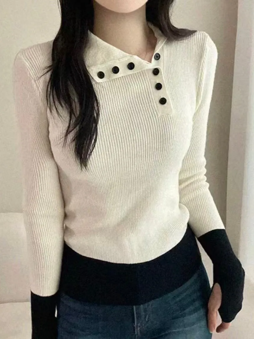 Modny, kolorowy, dzianinowy top z guzikami, długi rękaw, damska warstwa bazowa, nowość na jesień, ekskluzywny, unikalny, elegancki.