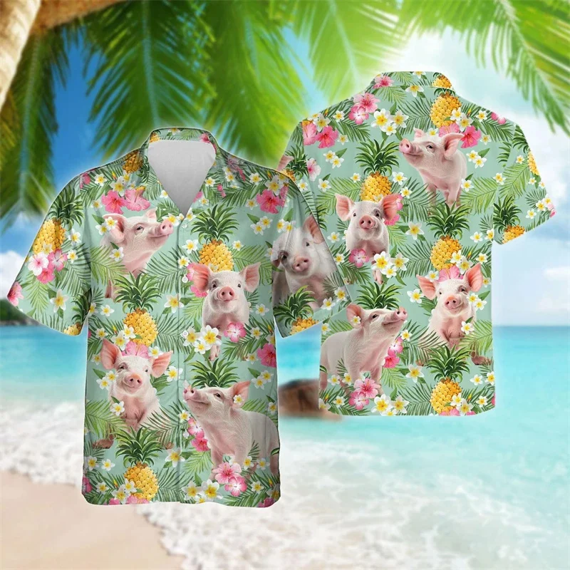 Kemeja pantai motif hewan lucu babi 3D untuk pria kemeja grafis hewan peliharaan lucu kemeja Hawaii kasual blus kerah lengan pendek selancar