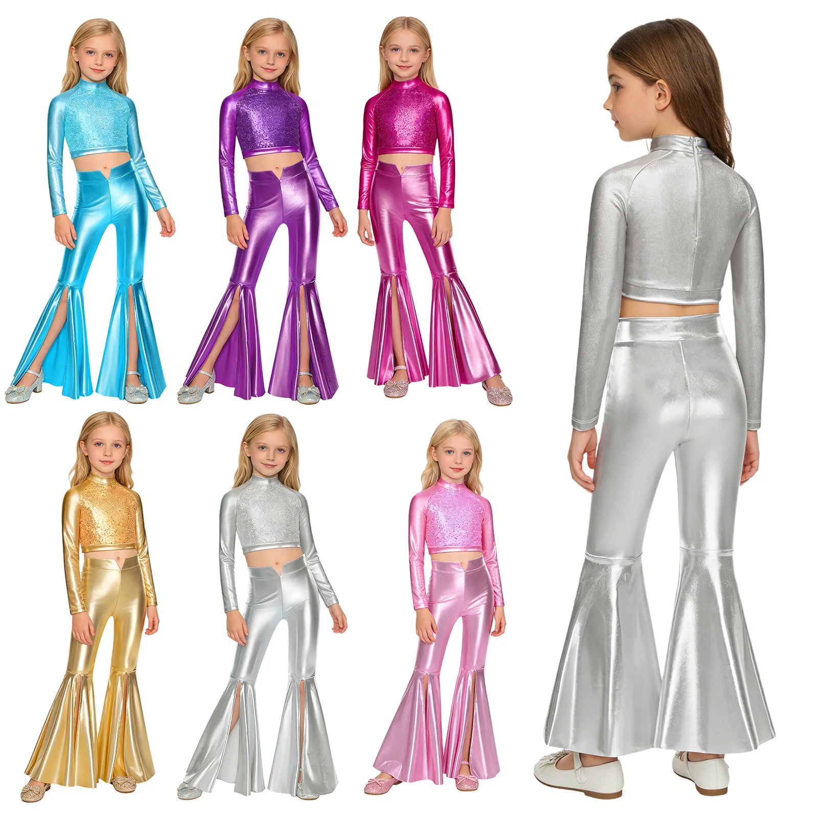 Kids Girls Hip Hop Jazz Dance Performance Outfit Long Sleeve Sequin Crop Top with Metallic Shiny Flared Pants 70s Disco Costume