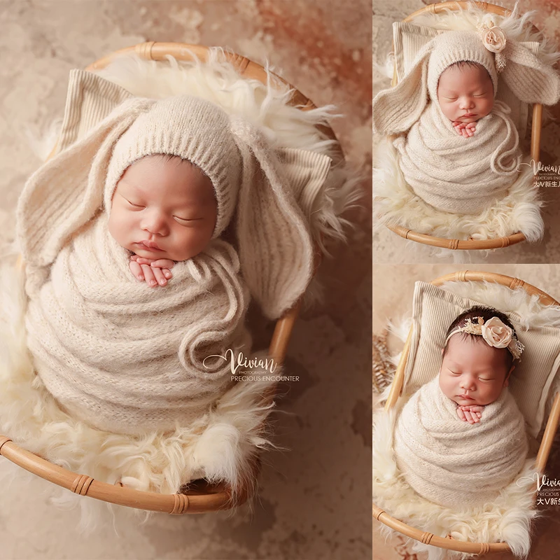 Newborn Swaddle Autumn Winter Newborn Photography Props Warm Sheepskin Blanket Knit Bunny Hat Studio Creative Photography Outfit