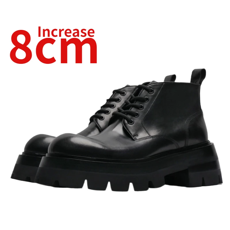 Genuine Leather Elevator Boots Shoes for Men's Increased 8cm British Black Leather Shoes Autumn/Winter Mid Top Work Short Boots