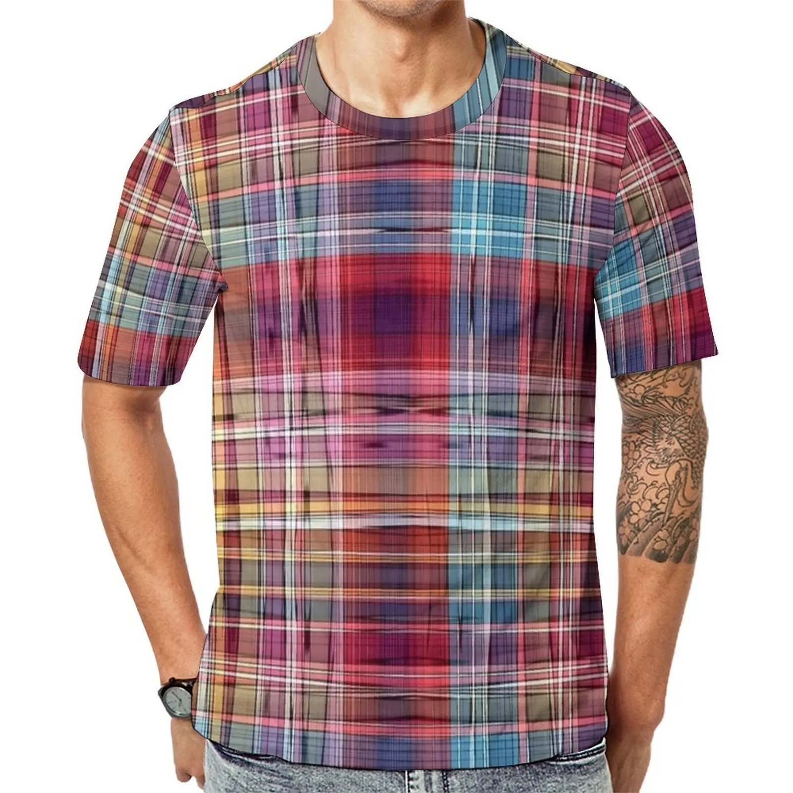 Moulin Rouge Madras Plaid T Shirt For Couple O Neck T-Shirts Summer Retro Tops Short-Sleeve Casual Big Size Tee Shirt Gift Idea