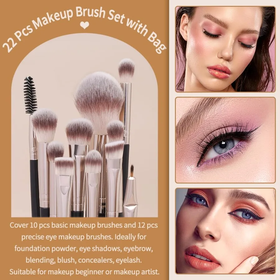 Brochas de maquillaje, 22 Uds., juego de brochas de maquillaje sintéticas profesionales de primera calidad con estuche, brocha para sombra de ojos y base, brocha de maquillaje de viaje