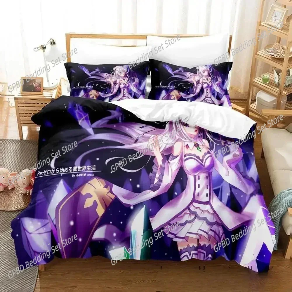 3D Print Anime Re Zero Rem Ram Emilia 3D Bedding Set Duvet Cover Pillowcases Single Twin Full Queen King Size Home Decor Quilt B