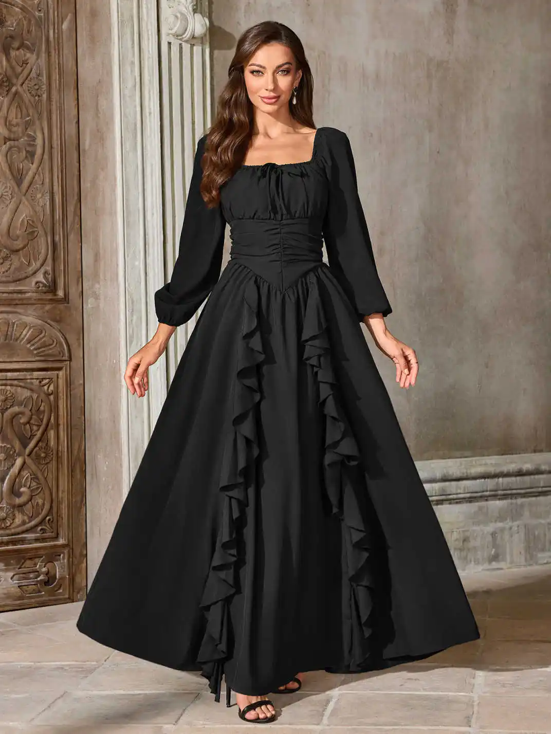 Renaissance Mittelalterkleid Damen Ren Faire Kleid, quadratischer Ausschnitt, lange Puffärmel, gesmoktes Oberteil, Rüschendetails