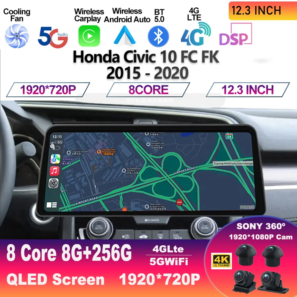 

12.3 Inch Screen Android13 Car Radio For Honda Civic 10 FC FK 2015 - 2020 Multimedia Player GPS Navigation 5G WIFI Carplay Auto