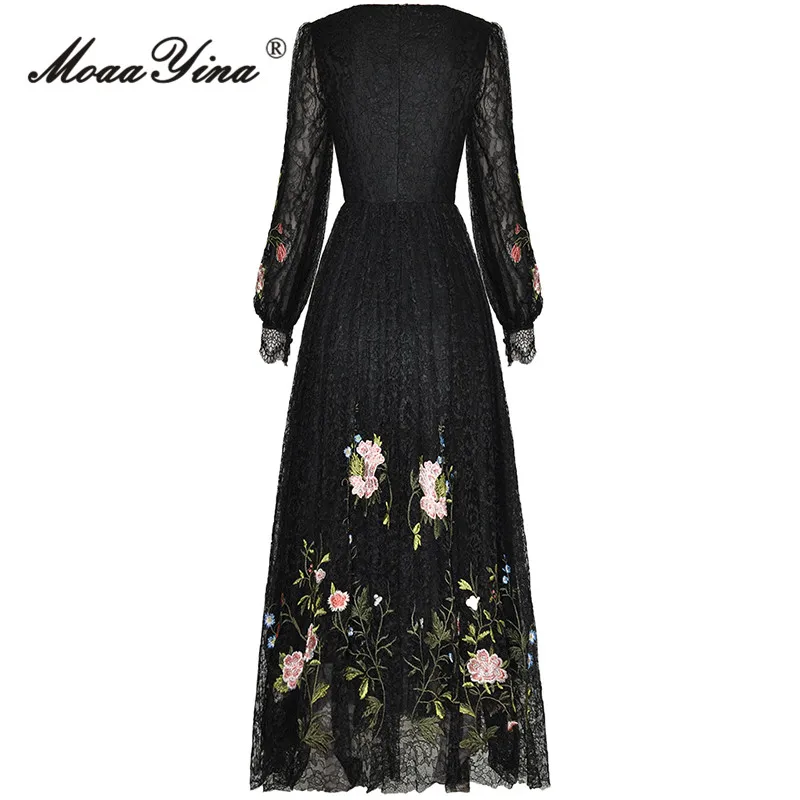 MoaaYina Spring Fashion Designer Black Vintage Lace Dress Women\'s O Neck Sequins Embroidery High Waist A-LINE Slim Long Dresses