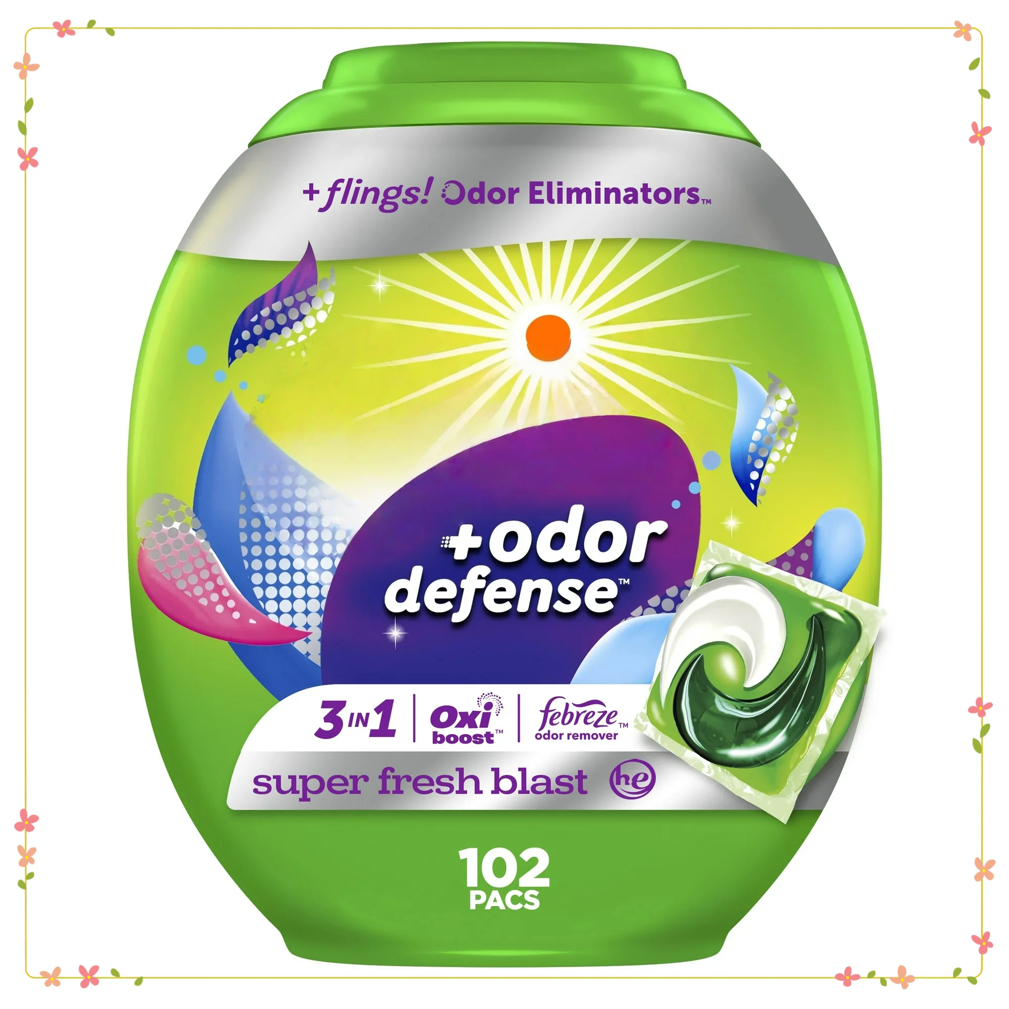 Paczki do prania 102 sztuki z technologią Odor Defense, zapach Super Fresh Blast, 3w1 do usuwania plam i nieprzyjemnych zapachów.