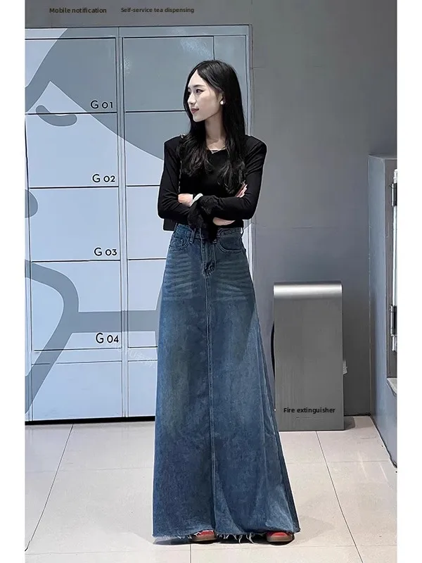 

plus Size Korean Style Vintage Denim A-Line Skirt Spring Summer Loose Slimming Design Sensation Frayed Long Skirt