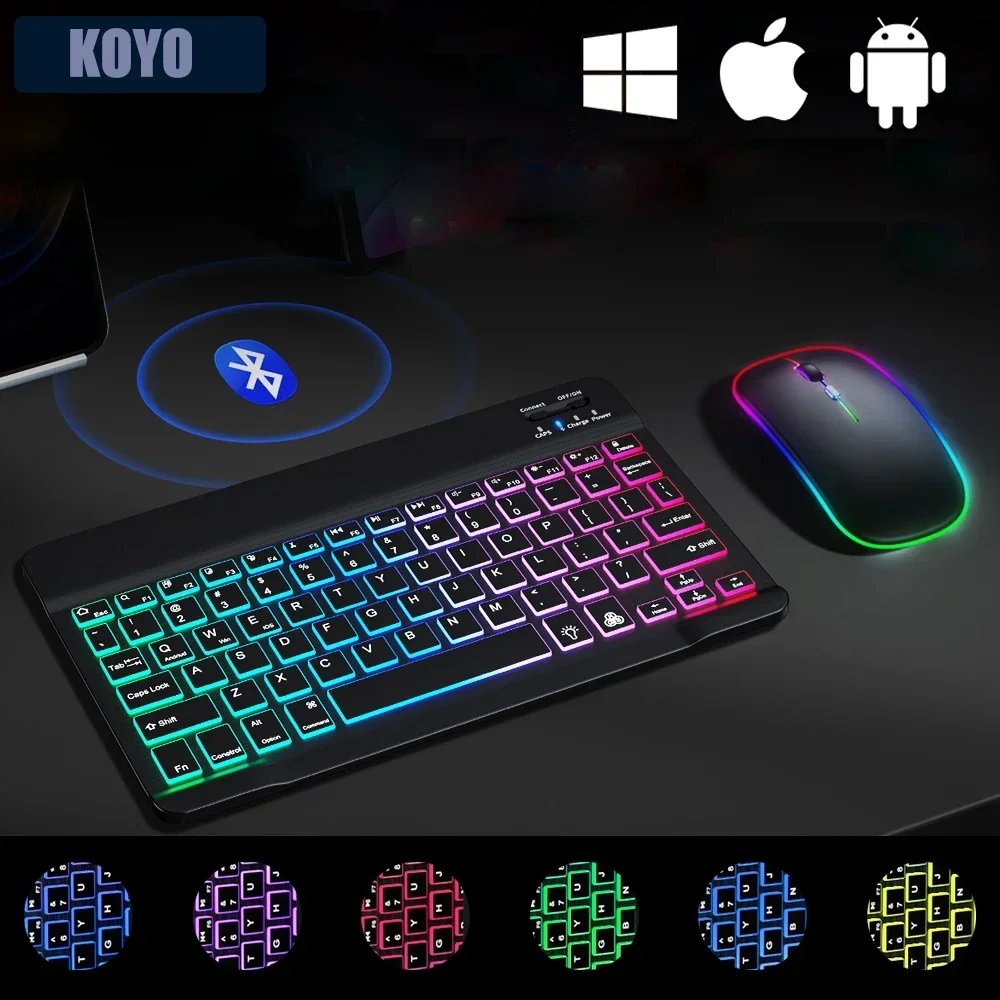 10inch Backlit RGB Bluetooth Keyboard Wireless mouse  Mini for  Spanish Russian Keyboard RGB Backlit Rechargeable Keyboard mouse